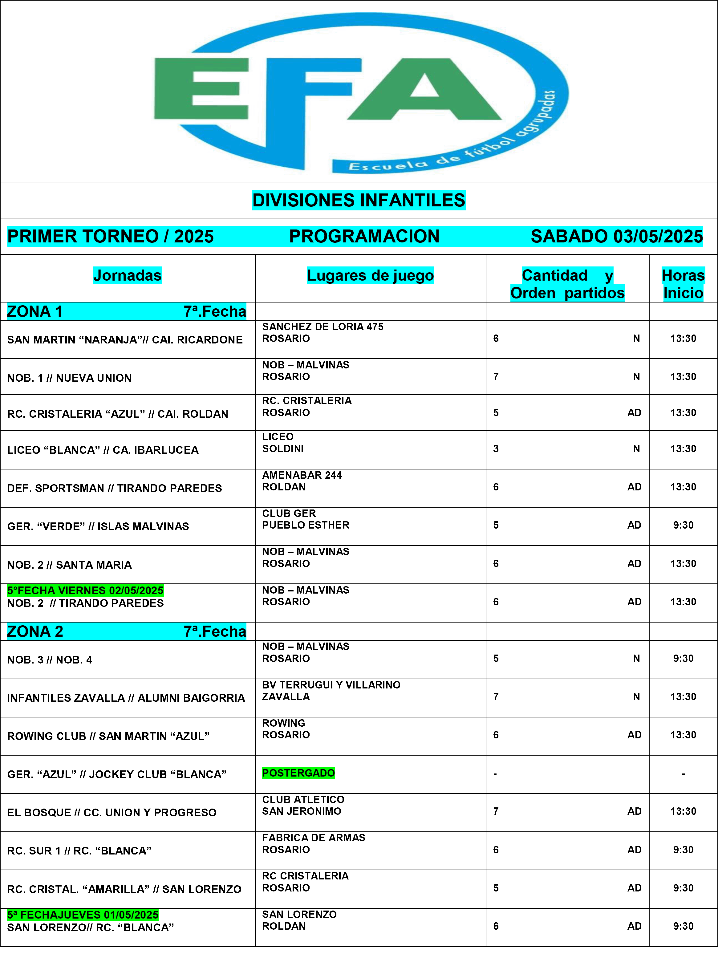 Programación fecha divisiones infantiles