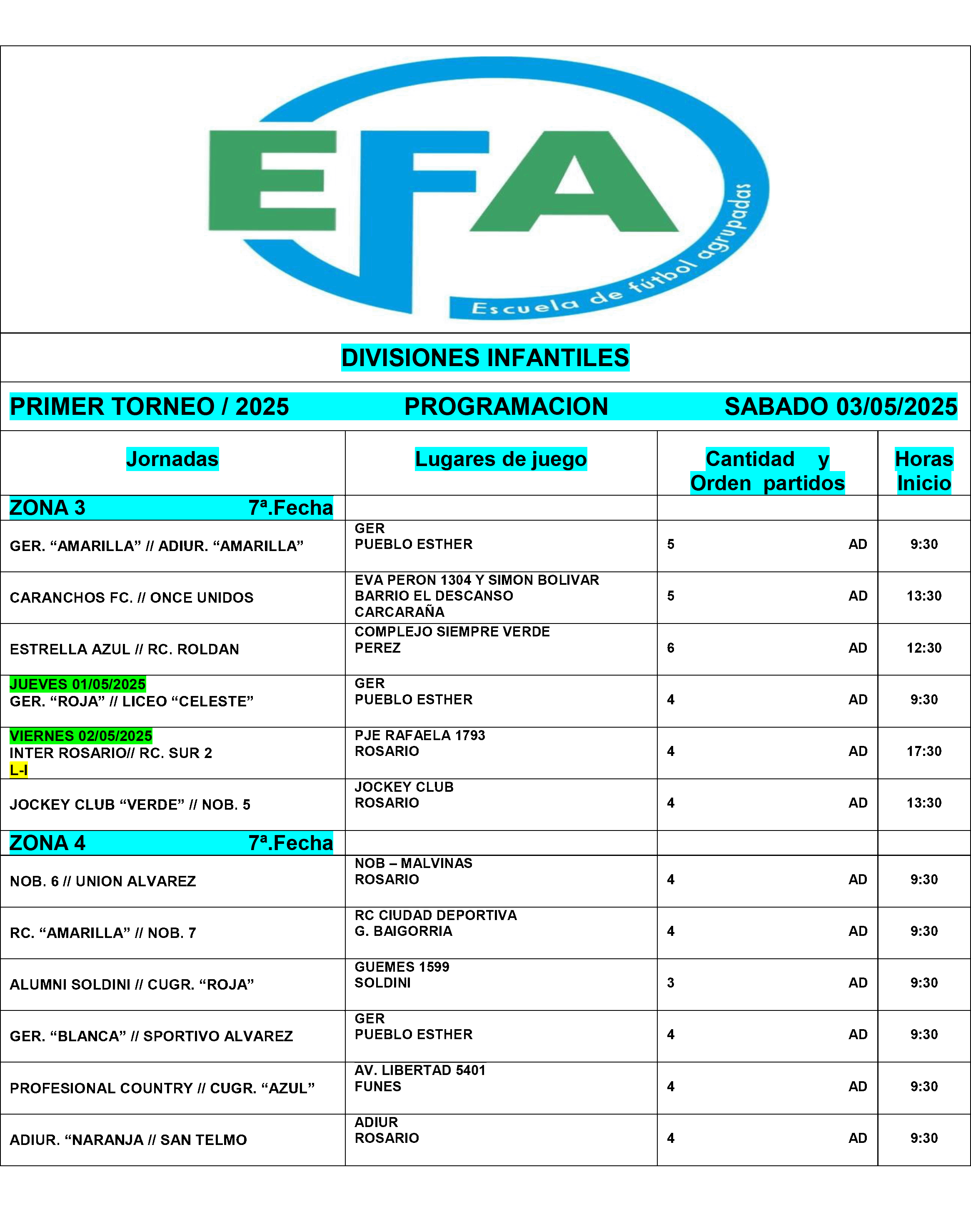 Programación fecha divisiones infantiles