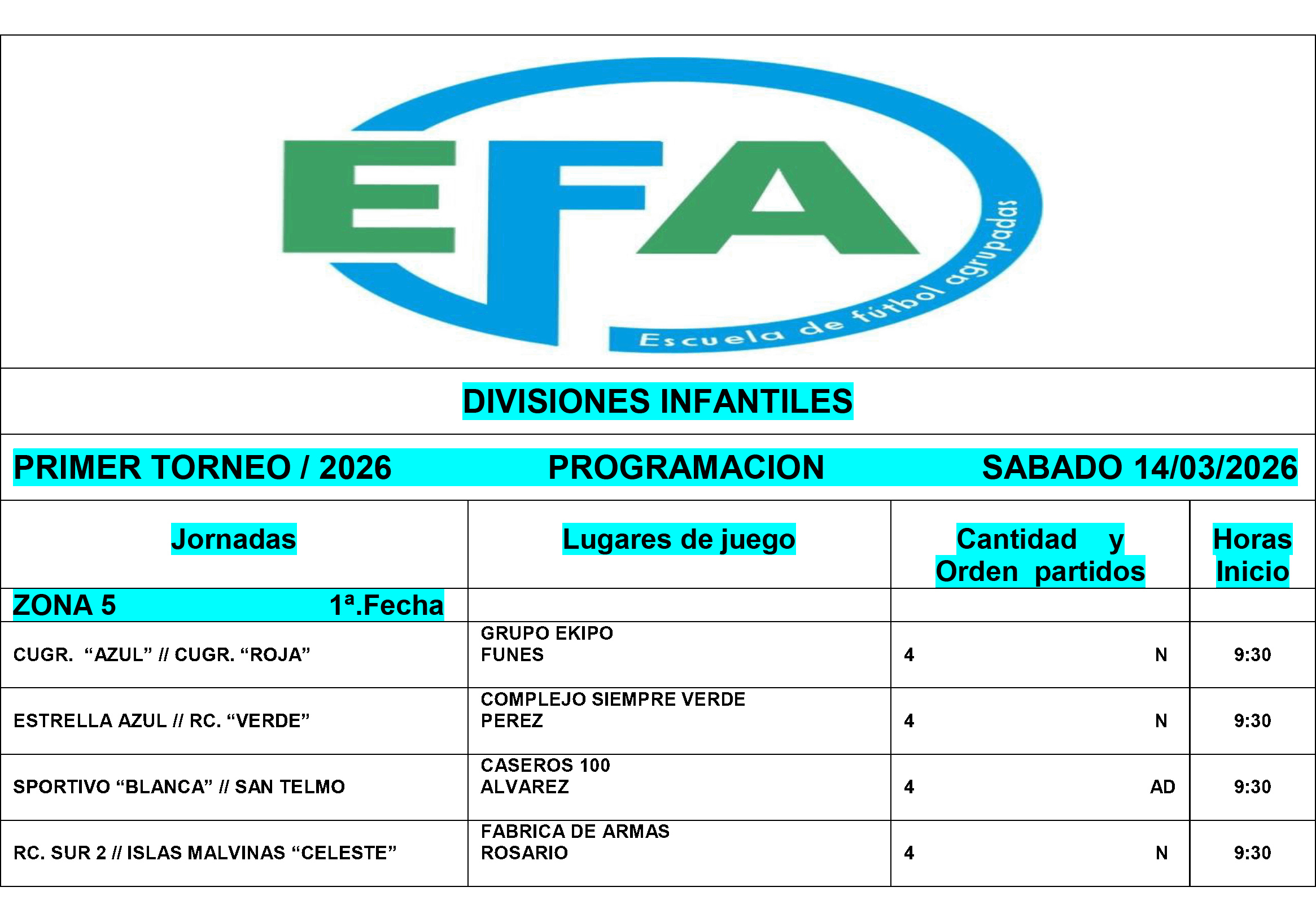 Programaci&oacute;n fecha divisiones infantiles